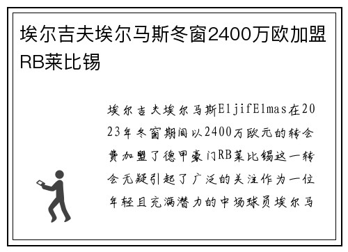 埃尔吉夫埃尔马斯冬窗2400万欧加盟RB莱比锡