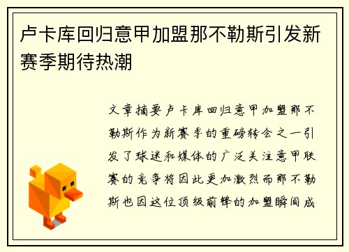 卢卡库回归意甲加盟那不勒斯引发新赛季期待热潮