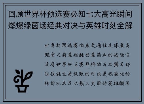 回顾世界杯预选赛必知七大高光瞬间燃爆绿茵场经典对决与英雄时刻全解析